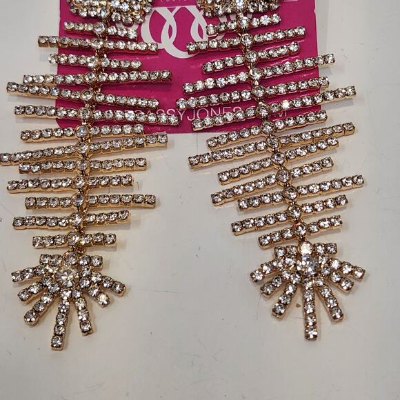 Sassy Jones Fish Bone Gold Tone Crystal Post Earrings Statement Drama Dangle - Picture 3 of 5